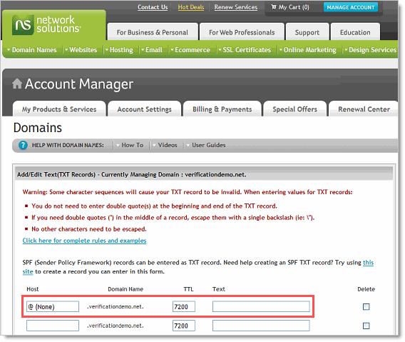 Network Solutions DNS Manager interface